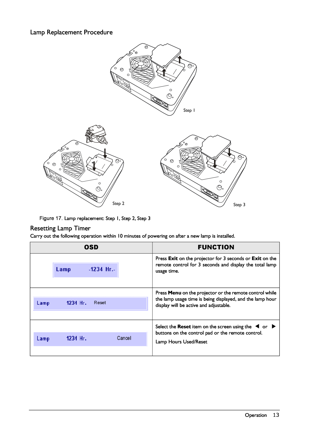 BenQ VP150X manual Lamp Replacement Procedure, Resetting Lamp Timer, Function, Step 