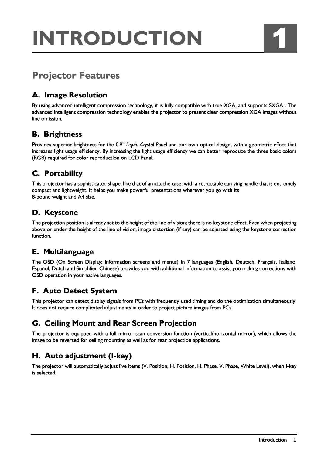 BenQ VP150X manual Introduction, Projector Features, A. Image Resolution, B. Brightness, C. Portability, D. Keystone 