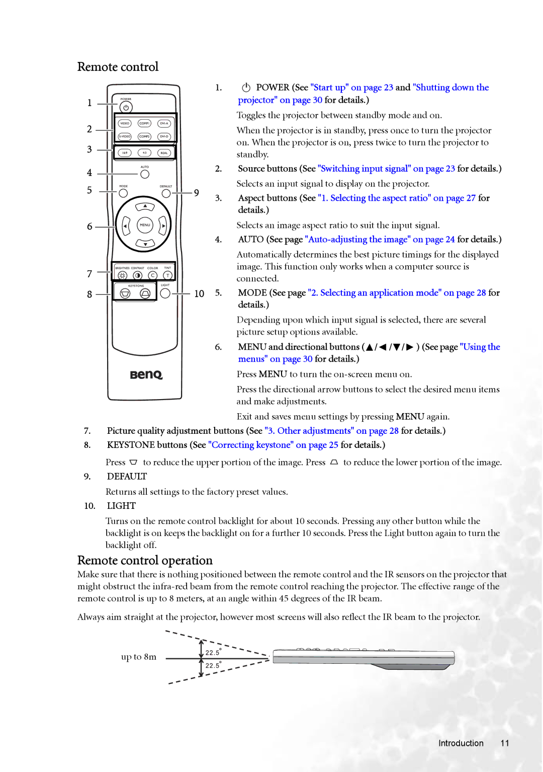 BenQ W100 user manual Remote control operation, Returns all settings to the factory preset values 