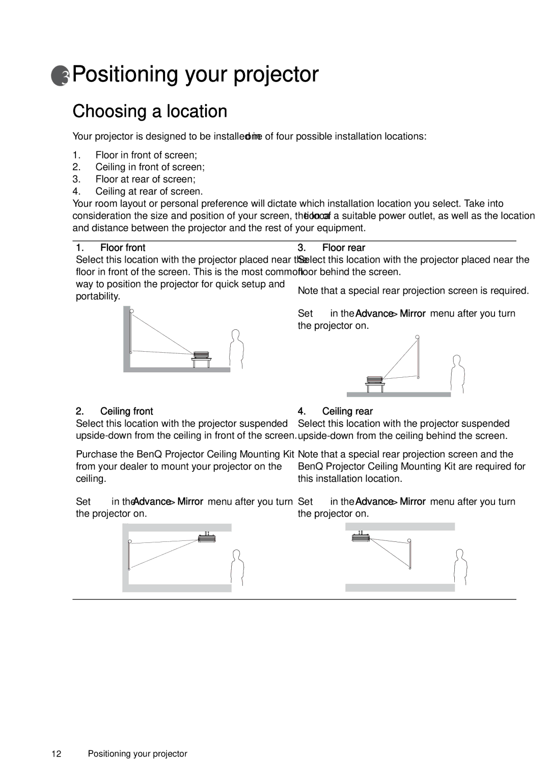 BenQ W100 user manual Positioning your projector, Choosing a location 