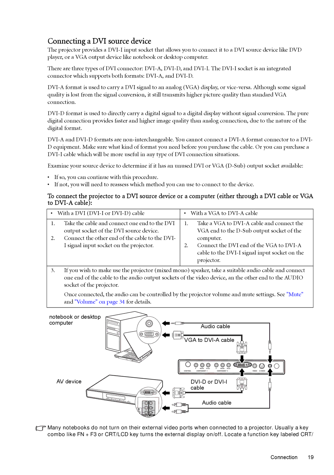 BenQ W100 Connecting a DVI source device, With a DVI DVI-I or DVI-D cable With a VGA to DVI-A cable, Computer, Projector 