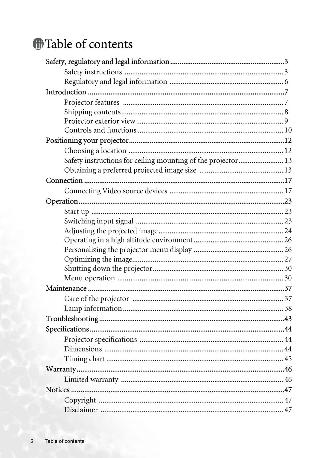 BenQ W100 user manual Table of contents 