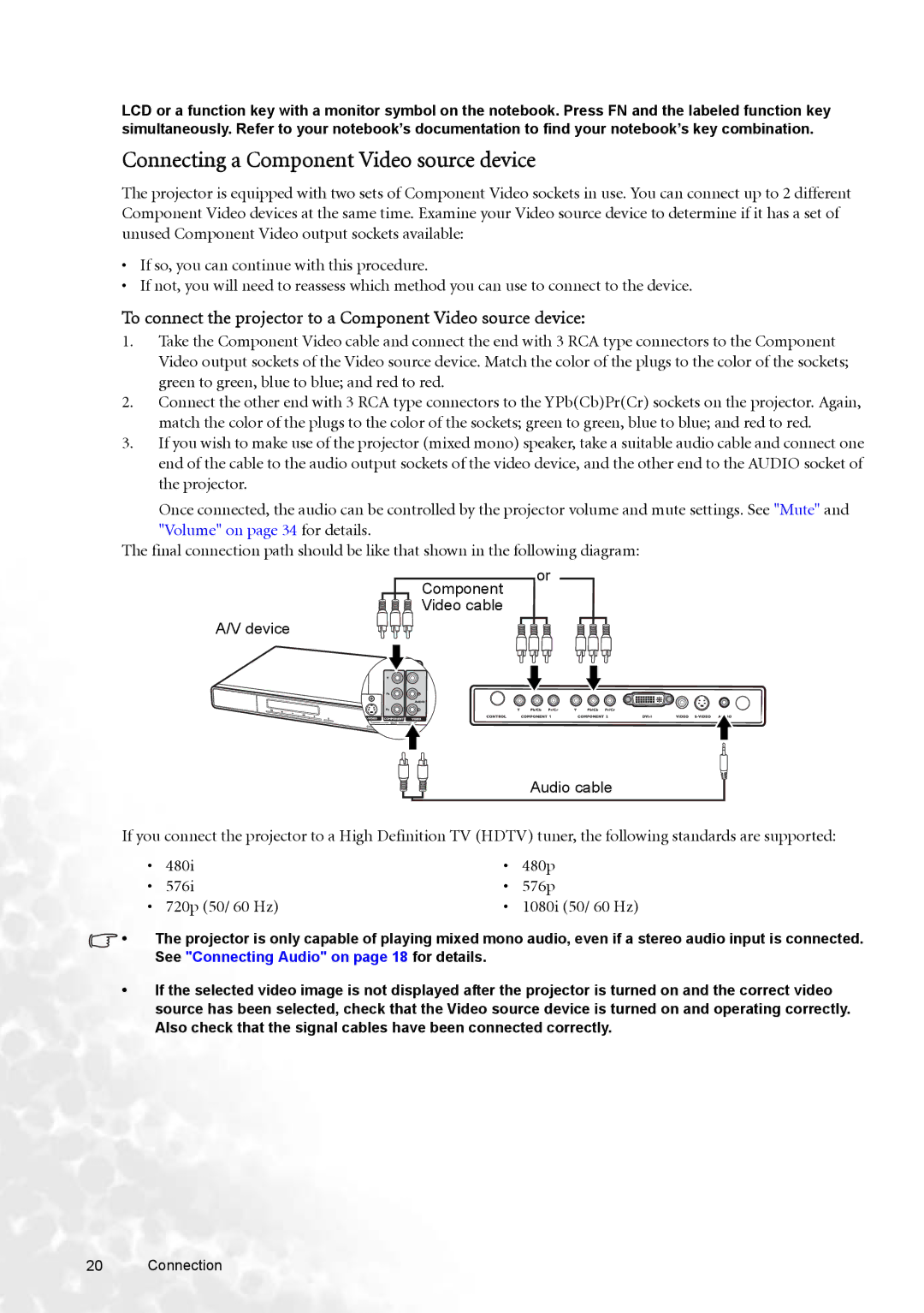 BenQ W100 Connecting a Component Video source device, To connect the projector to a Component Video source device 