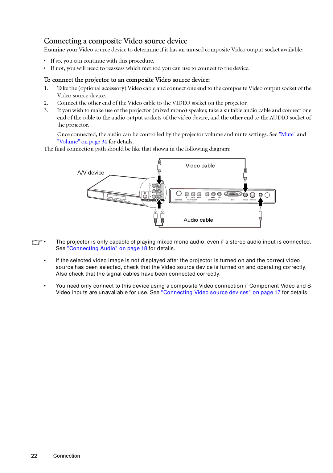 BenQ W100 Connecting a composite Video source device, To connect the projector to an composite Video source device 