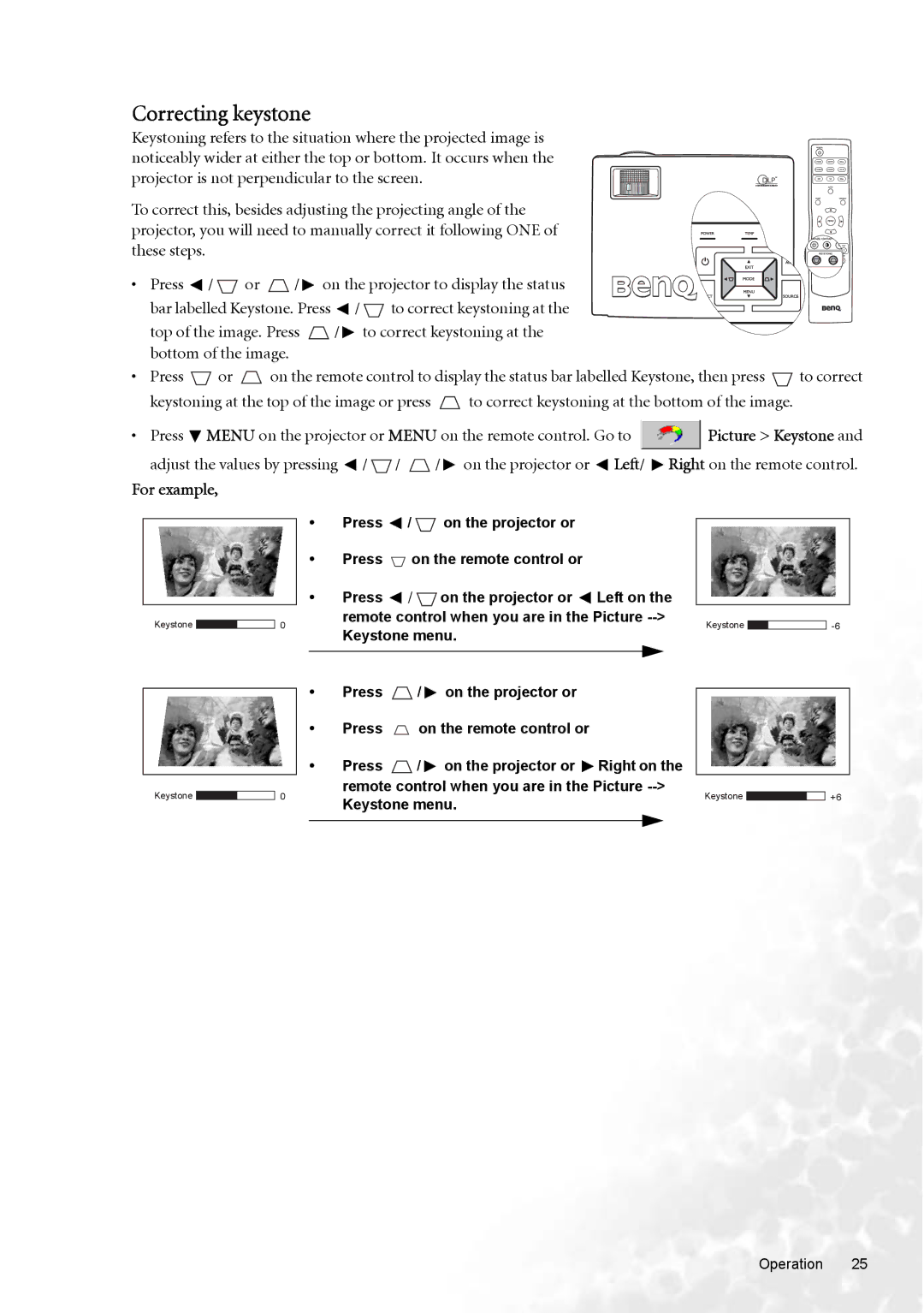 BenQ W100 user manual Correcting keystone, For example 