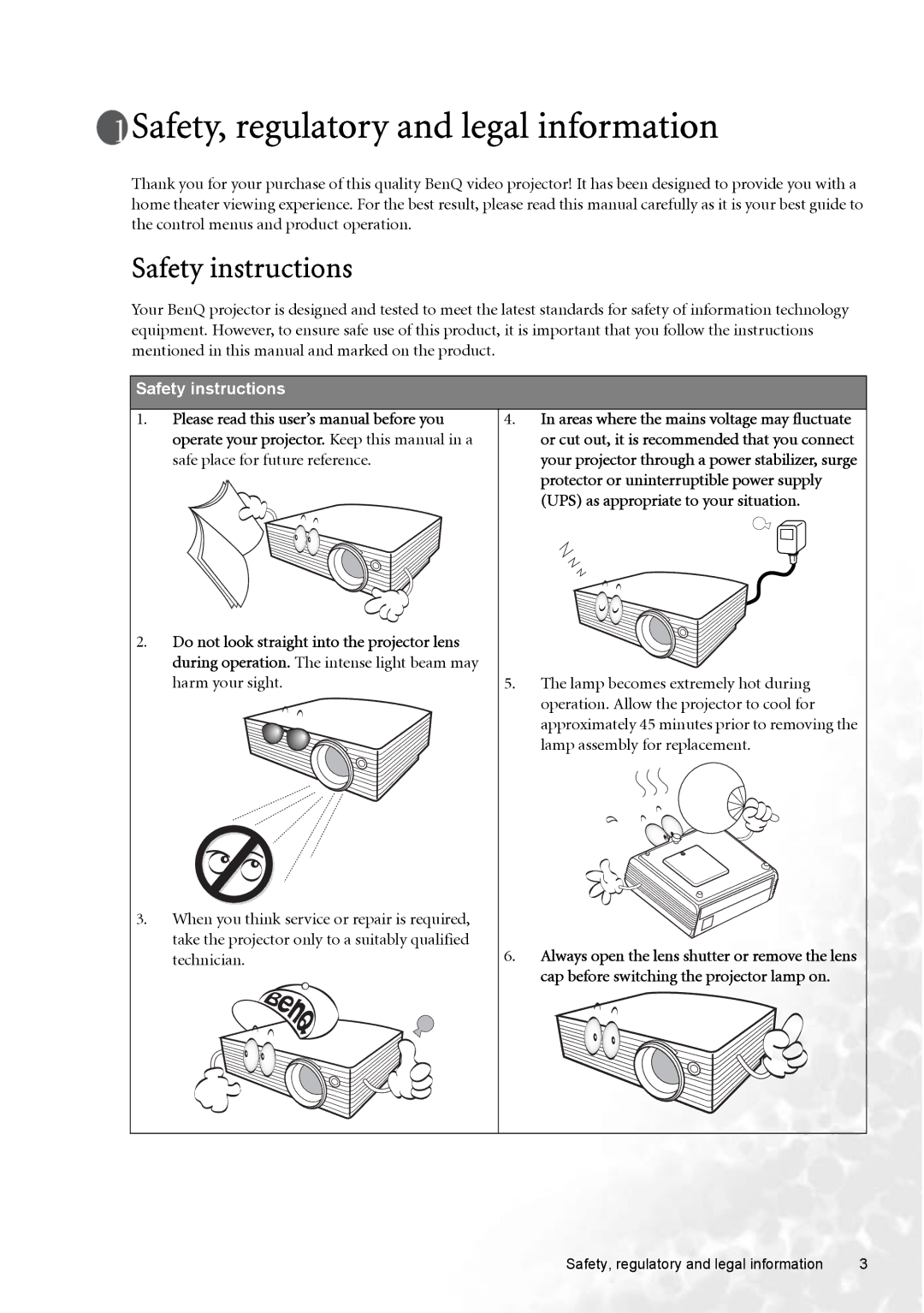 BenQ W100 user manual Safety, regulatory and legal information, Safety instructions 