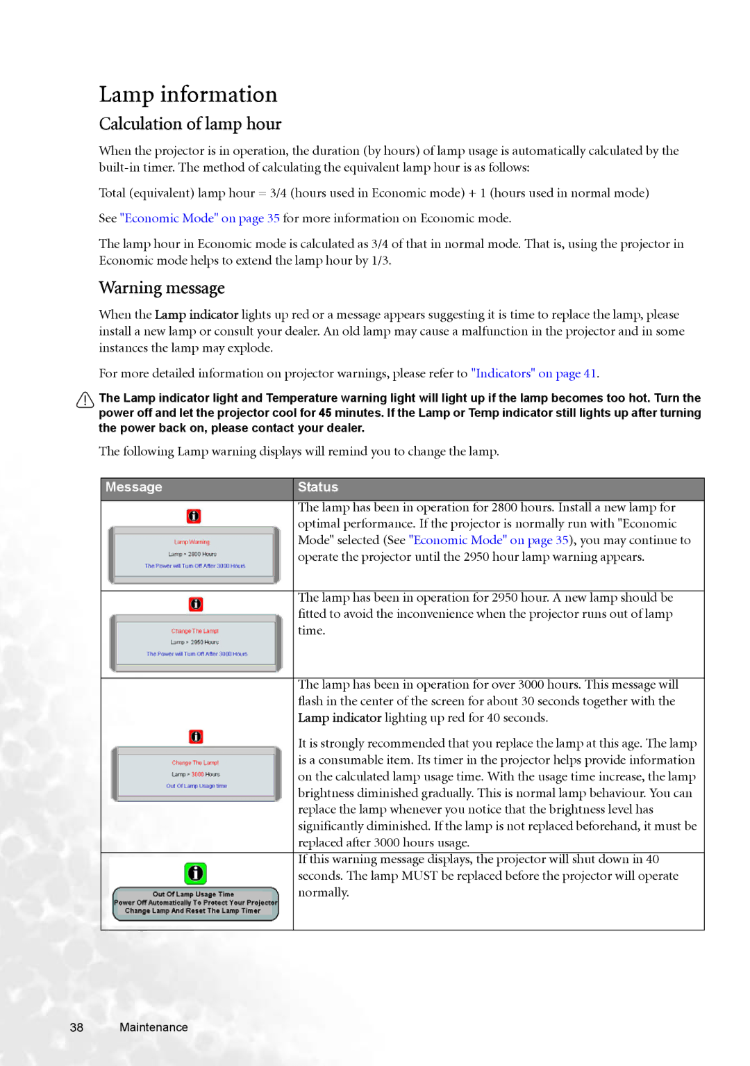 BenQ W100 user manual Lamp information, Calculation of lamp hour 