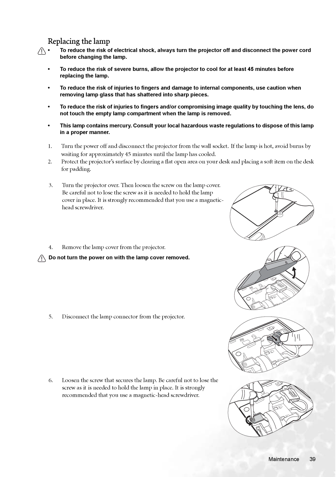 BenQ W100 user manual Replacing the lamp 