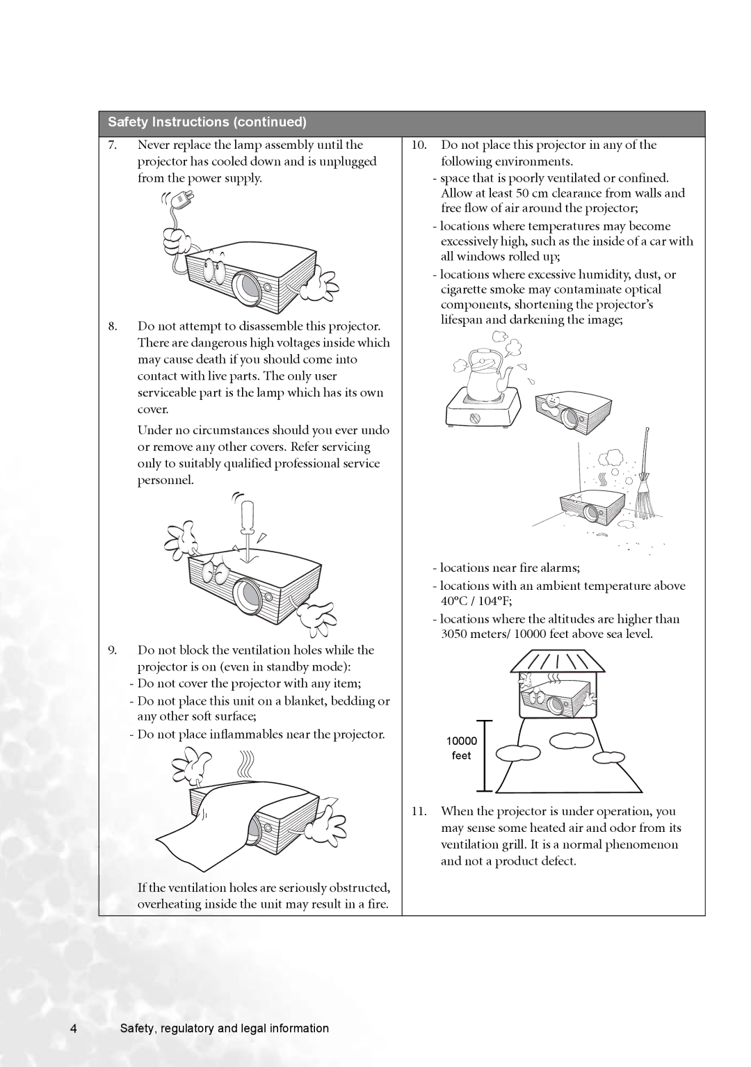 BenQ W100 user manual Do not place inflammables near the projector 