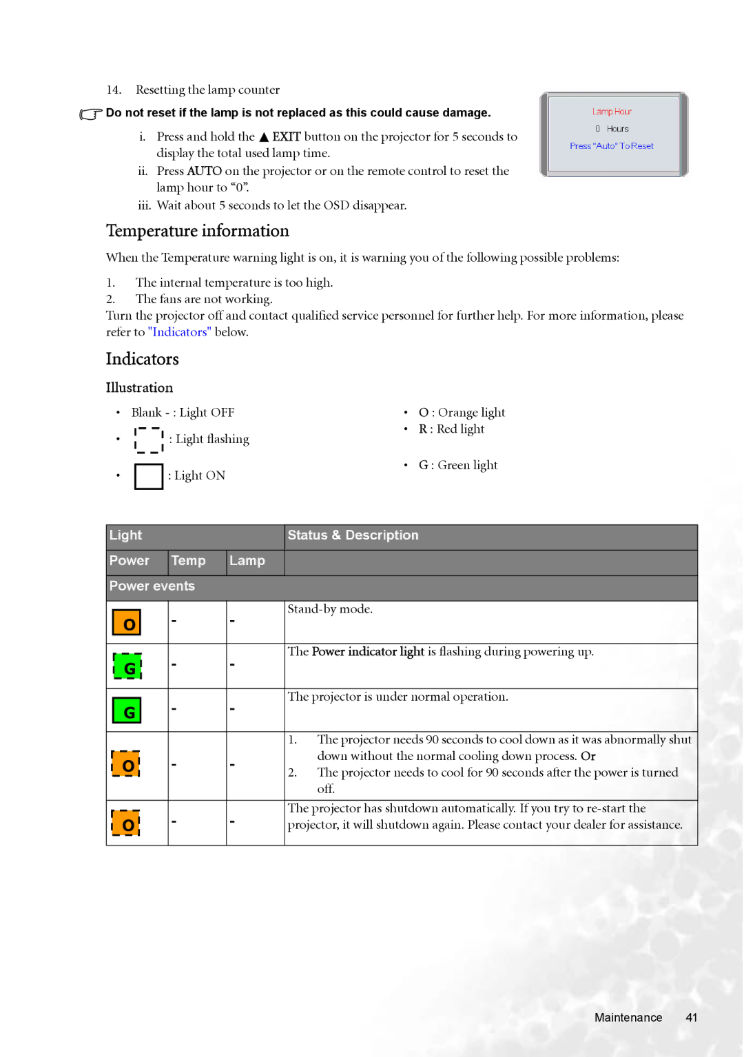 BenQ W100 user manual Temperature information, Indicators, Illustration 