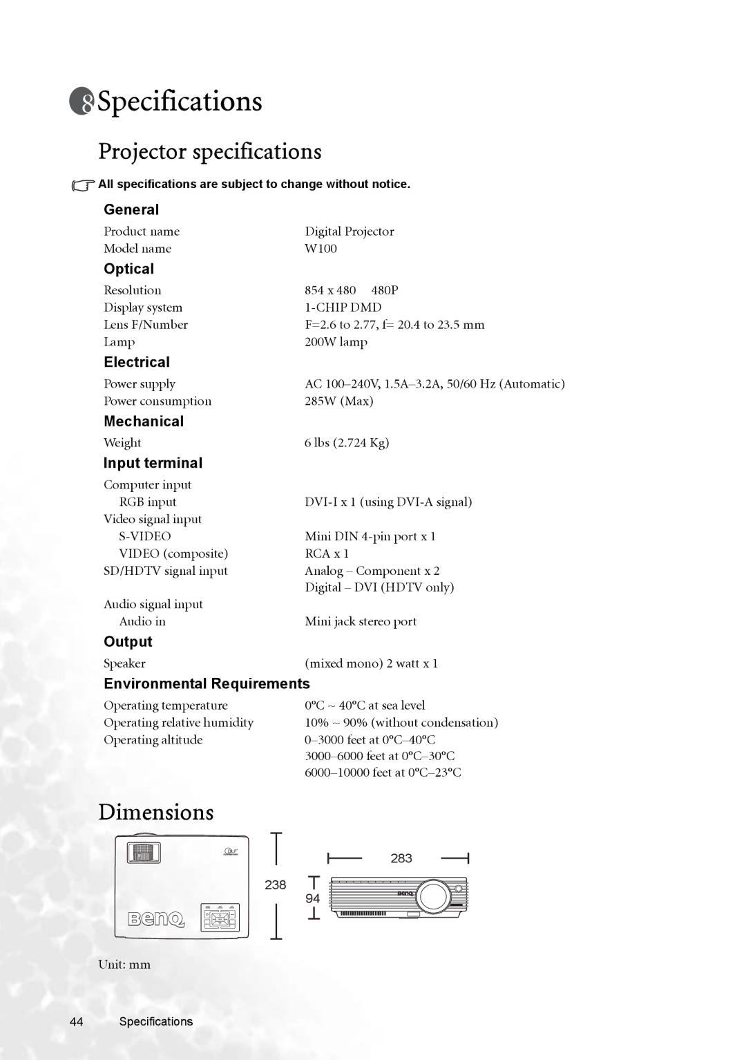 BenQ W100 user manual Specifications, Projector specifications, Dimensions 