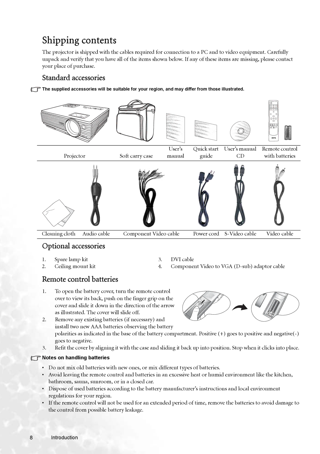 BenQ W100 user manual Shipping contents 