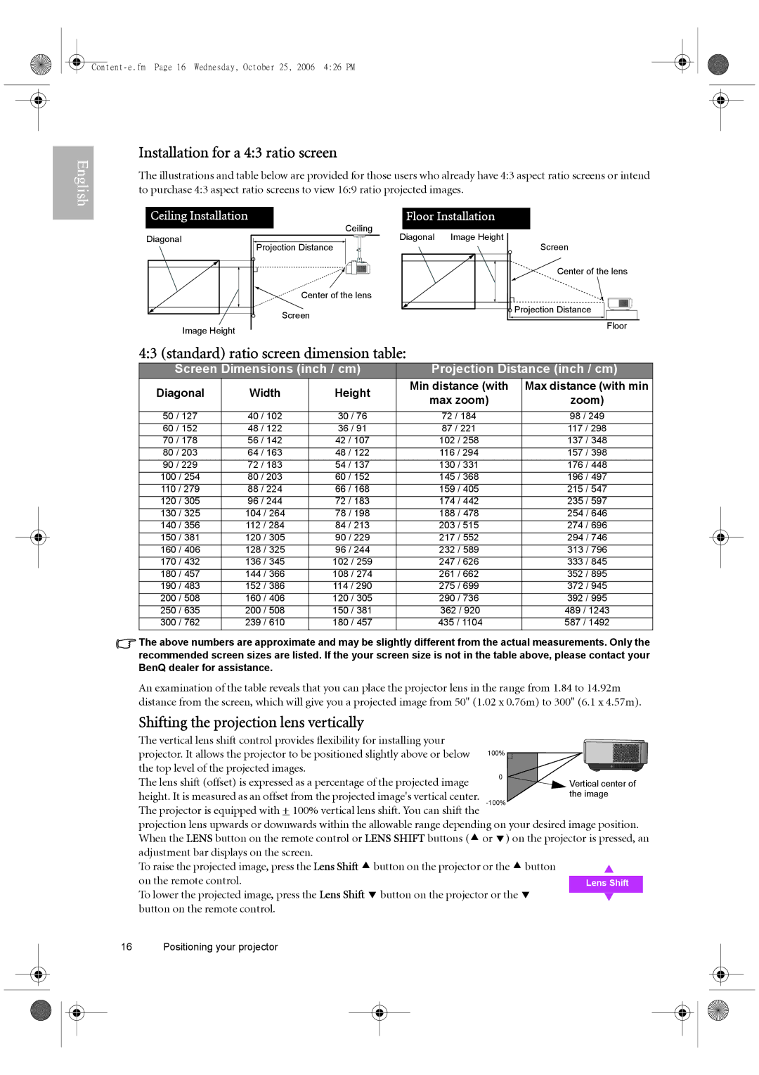 BenQ W10000/W9000 user manual Installation for a 43 ratio screen, Standard ratio screen dimension table 