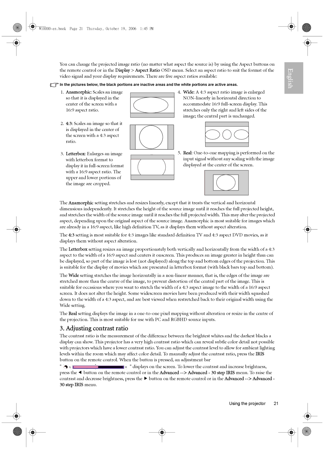 BenQ W10000/W9000 user manual Adjusting contrast ratio, With letterbox format to 