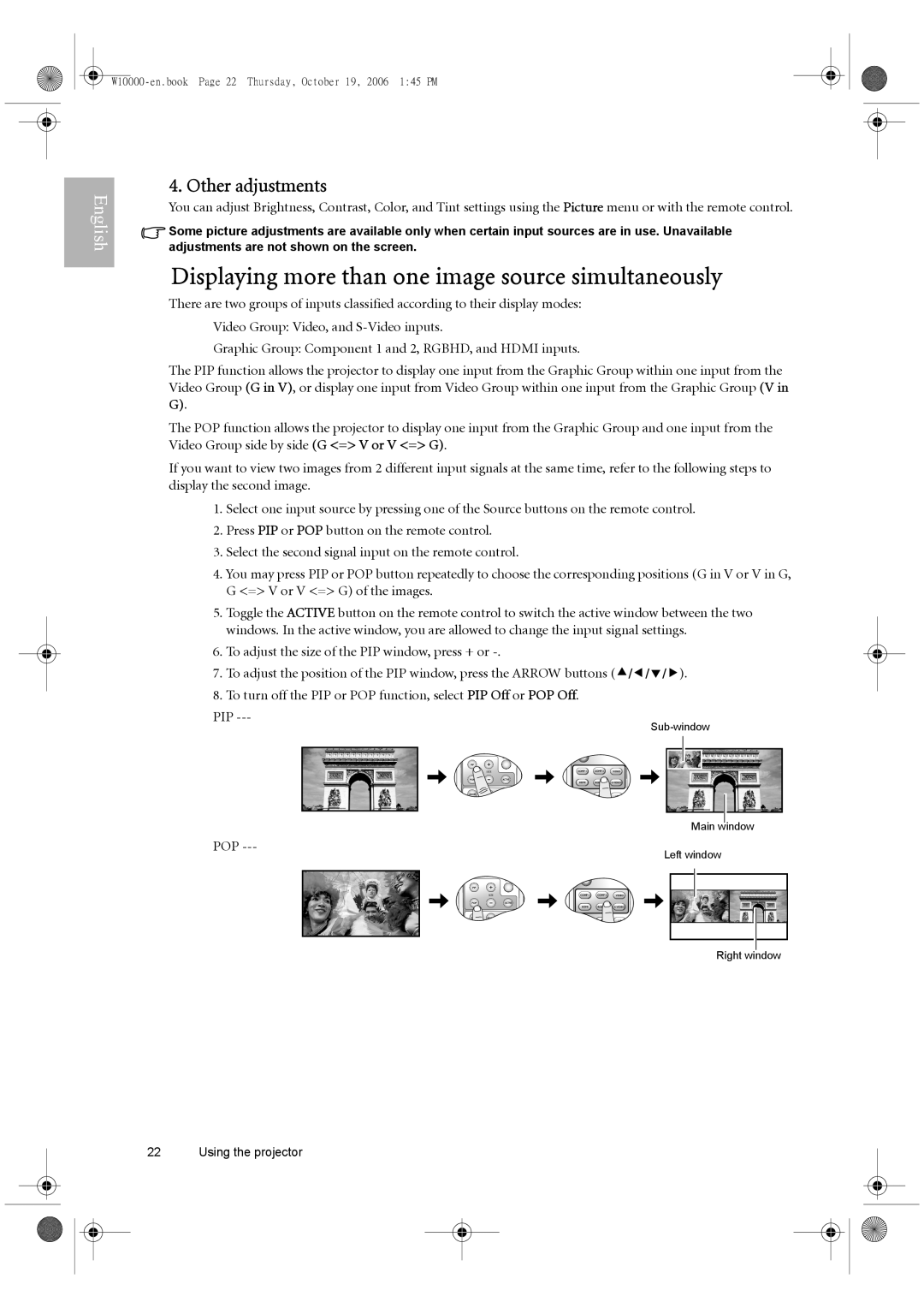 BenQ W10000/W9000 user manual Displaying more than one image source simultaneously, Other adjustments, Pop 