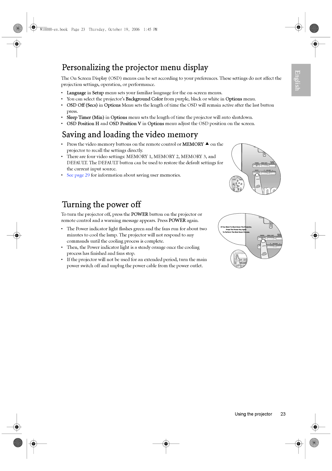 BenQ W10000/W9000 Personalizing the projector menu display, Saving and loading the video memory, Turning the power off 