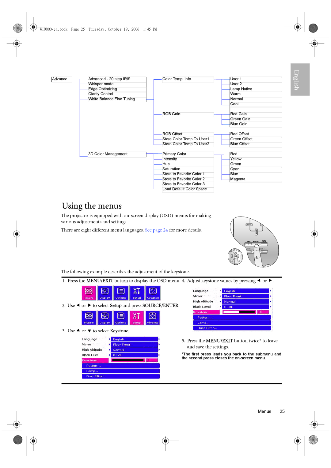 BenQ W10000/W9000 user manual Using the menus, W10000-en.book Page 25 Thursday, October 19, 2006 145 PM 