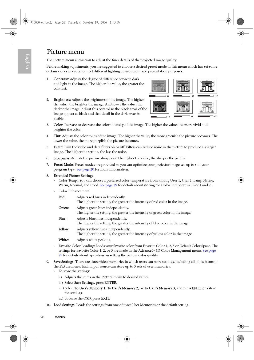 BenQ W10000/W9000 user manual Picture menu, Extended Picture Settings 