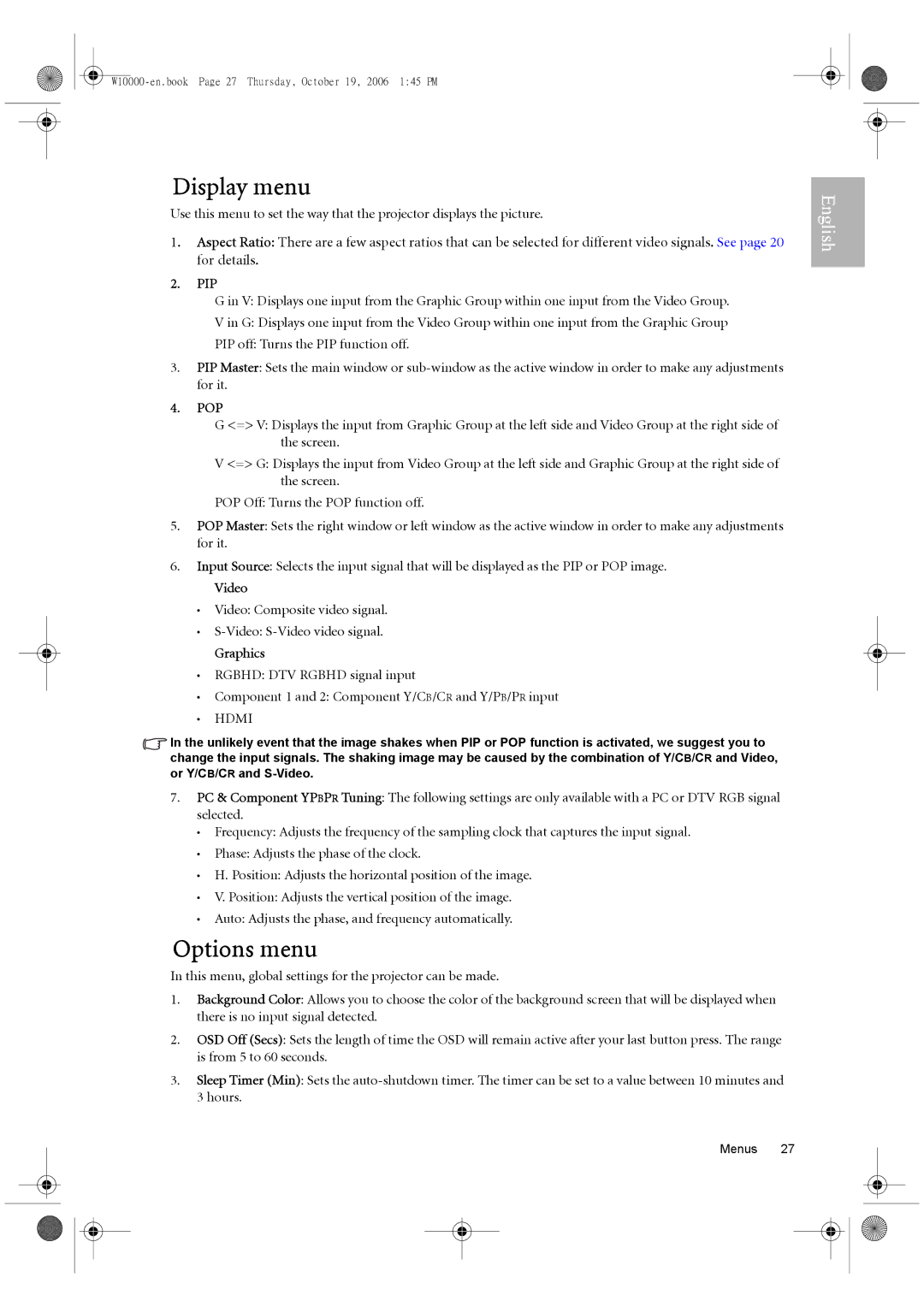 BenQ W10000/W9000 user manual Display menu, Options menu 