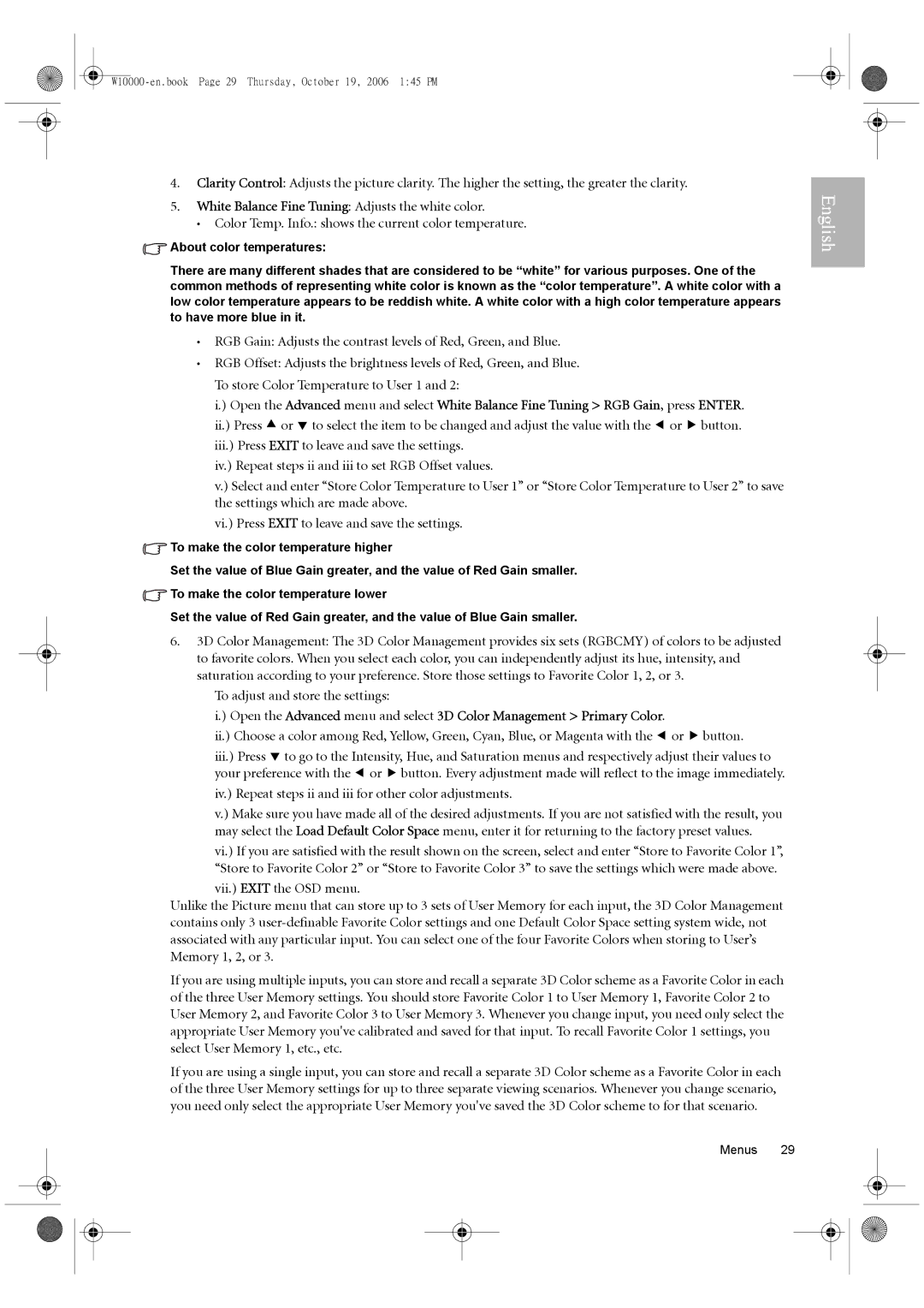 BenQ W10000/W9000 user manual To adjust and store the settings, Iv. Repeat steps ii and iii for other color adjustments 