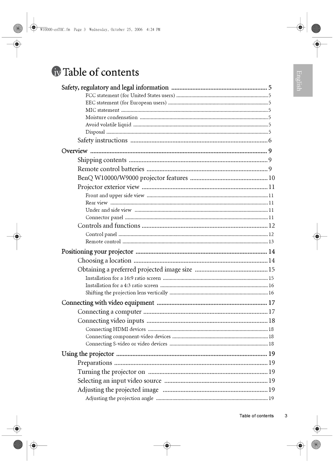 BenQ W10000/W9000 user manual Table of contents 