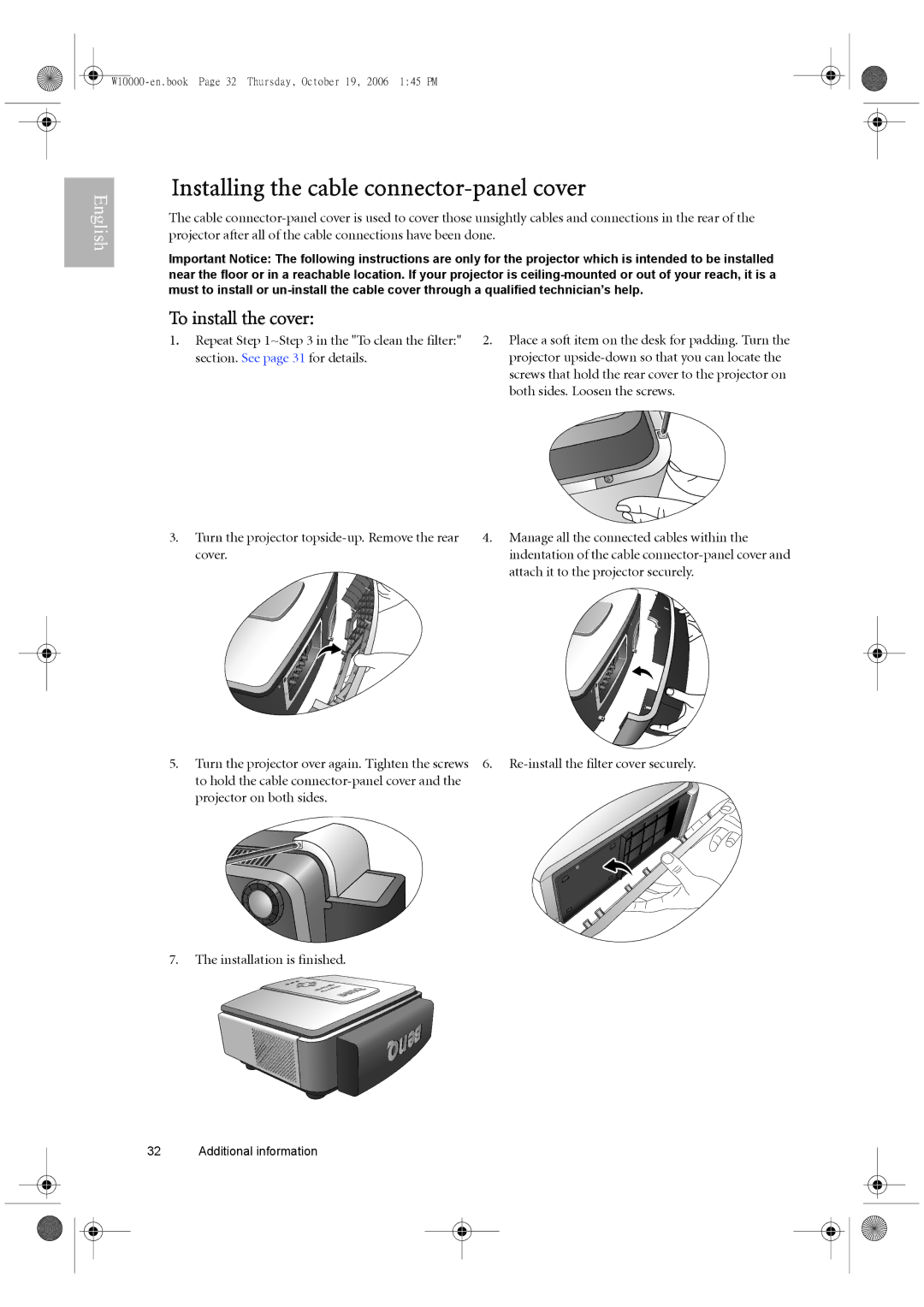 BenQ W10000/W9000 Installing the cable connector-panel cover, To install the cover, Section. See page 31 for details 