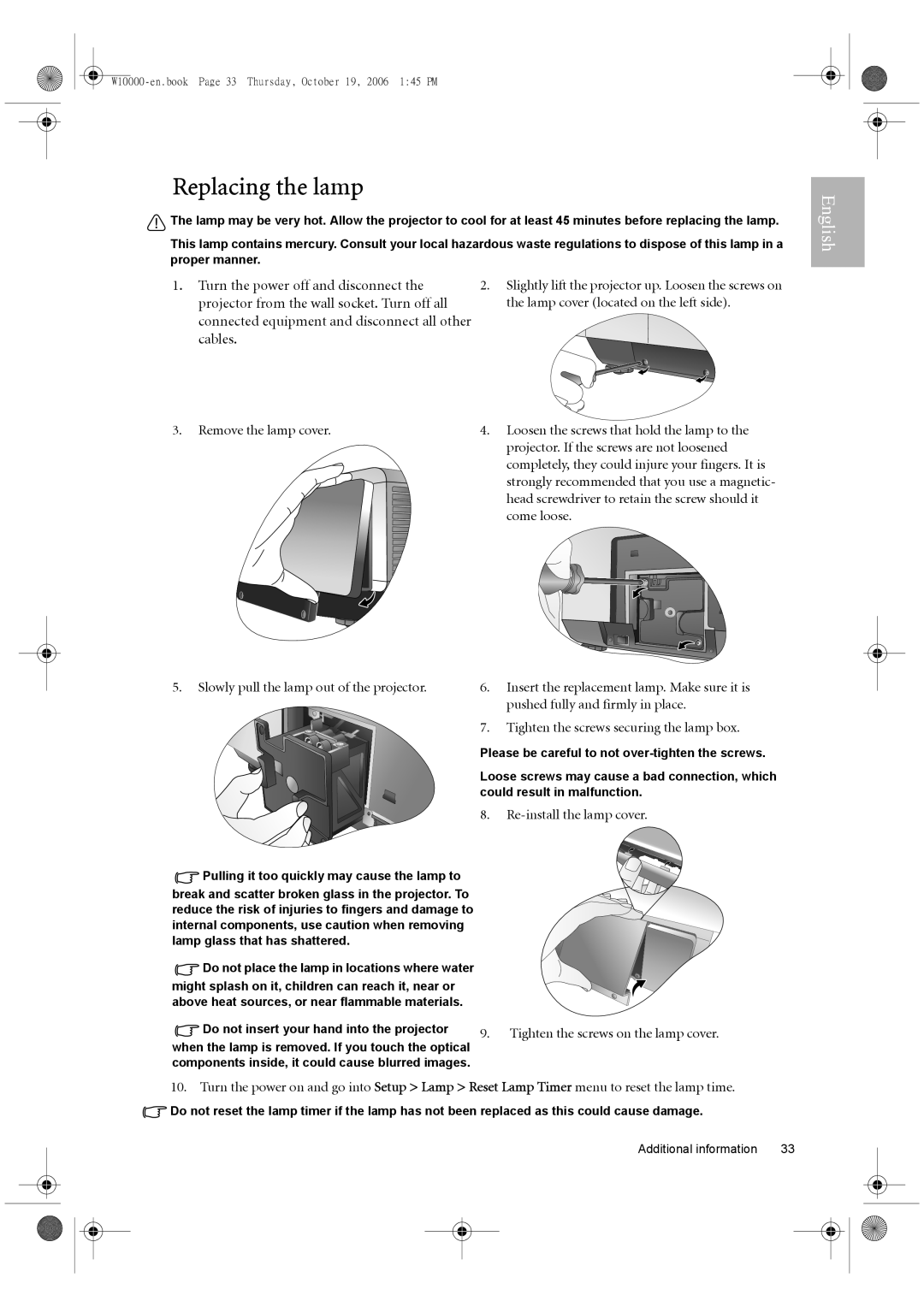 BenQ W10000/W9000 user manual Replacing the lamp, Tighten the screws securing the lamp box 