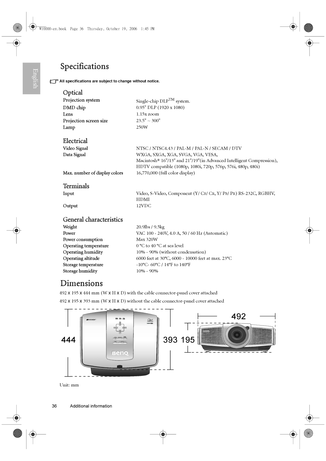 BenQ W10000/W9000 user manual Specifications, Dimensions 