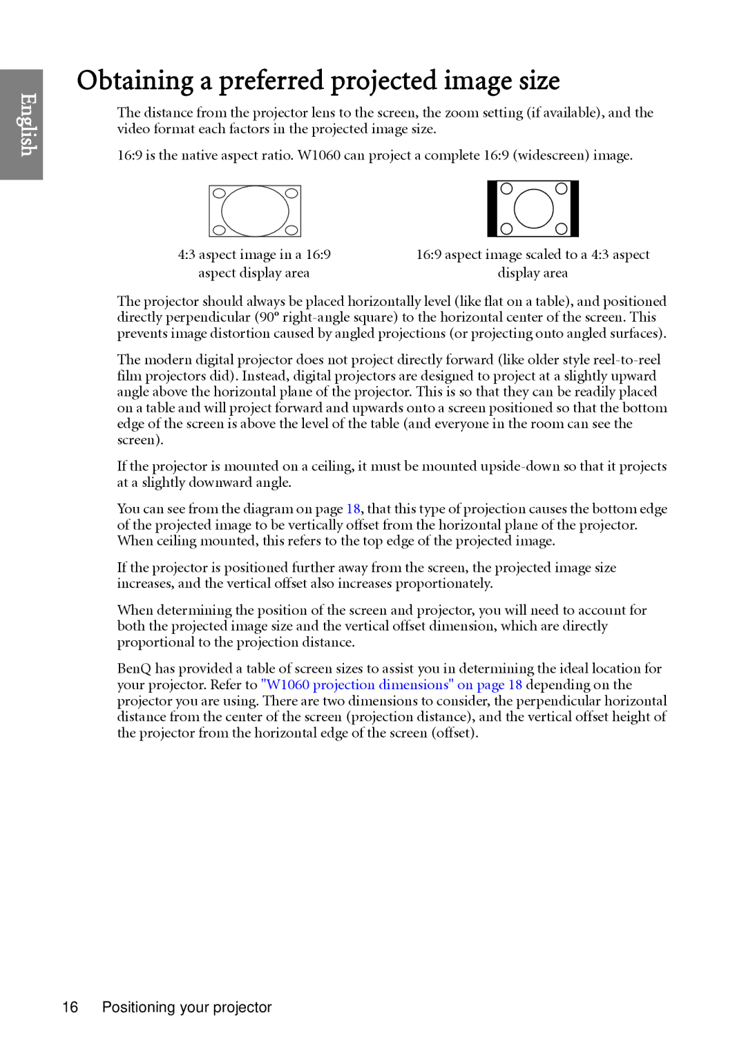 BenQ W1060 user manual Obtaining a preferred projected image size 