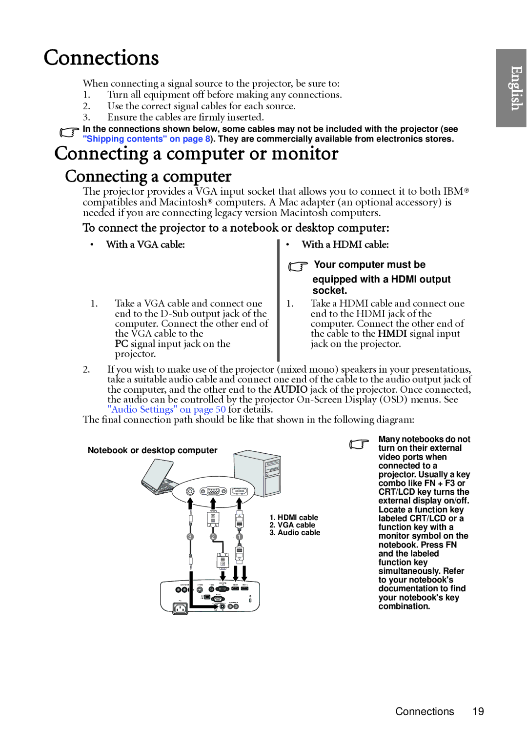 BenQ W1060 Connections, Connecting a computer or monitor, To connect the projector to a notebook or desktop computer 