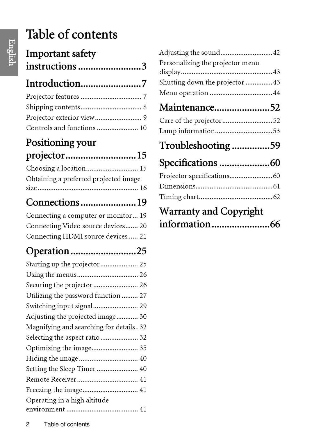 BenQ W1060 user manual Table of contents 