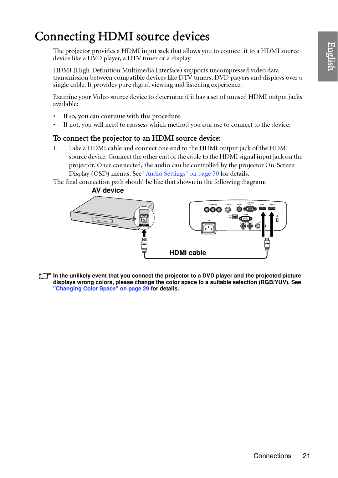 BenQ W1060 user manual Connecting Hdmi source devices, To connect the projector to an Hdmi source device 