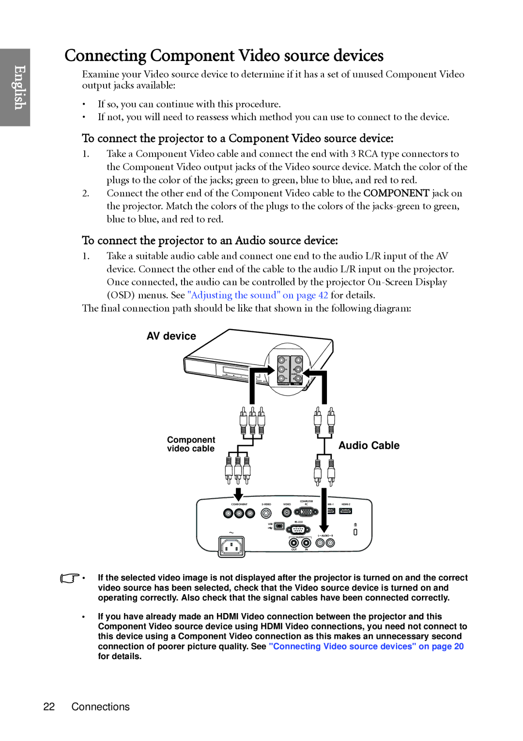 BenQ W1060 Connecting Component Video source devices, To connect the projector to a Component Video source device 