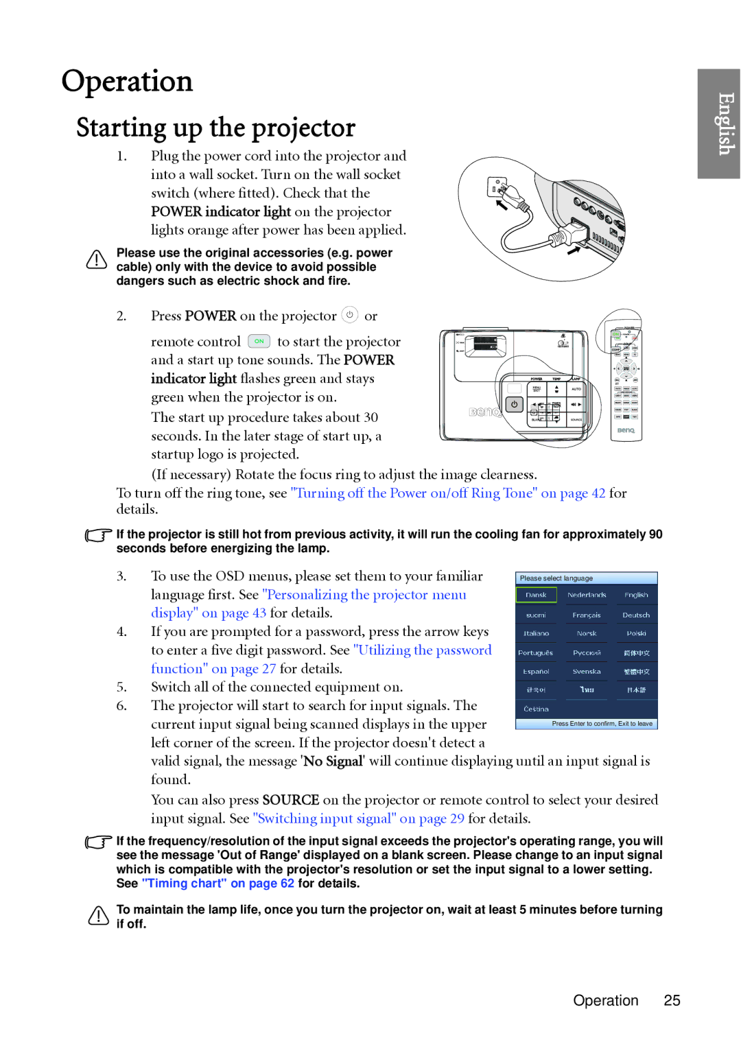 BenQ W1060 user manual Operation, Starting up the projector 