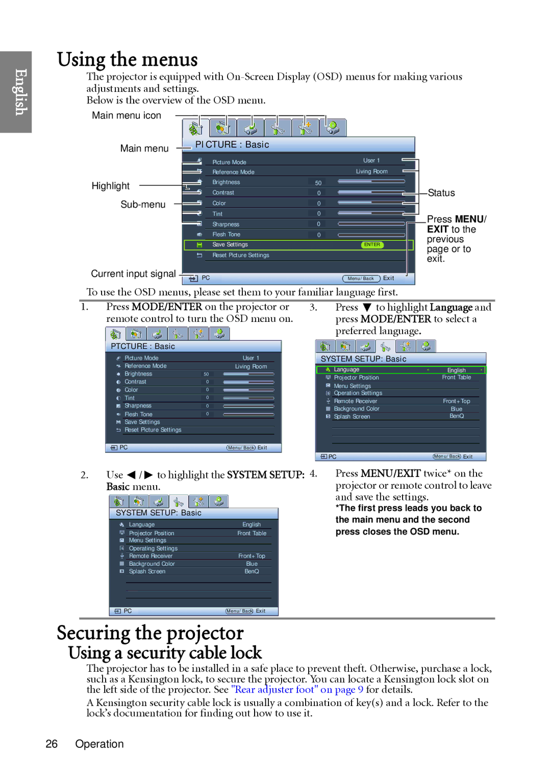 BenQ W1060 user manual Using the menus, Securing the projector, Using a security cable lock 