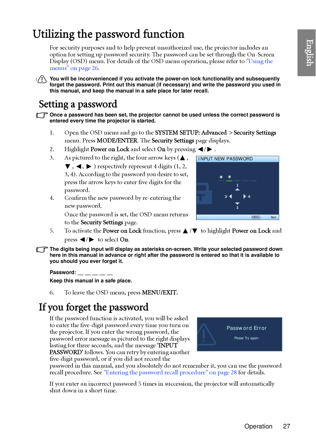 BenQ W1060 user manual Utilizing the password function, Setting a password, If you forget the password 