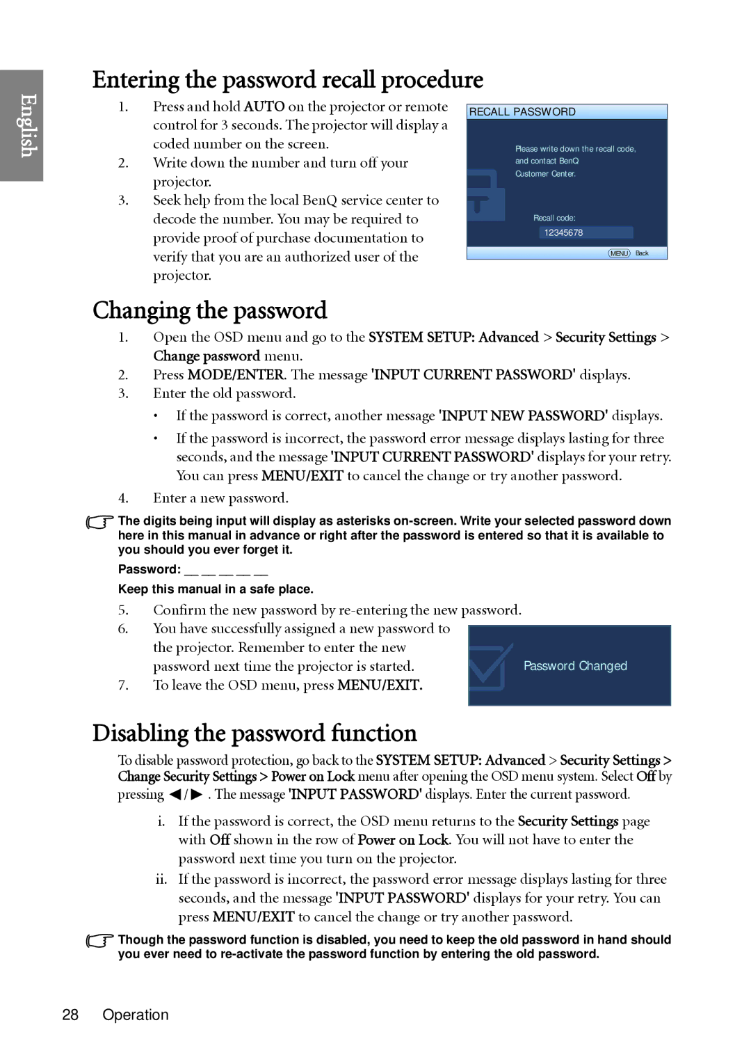 BenQ W1060 user manual Entering the password recall procedure, Changing the password, Disabling the password function 