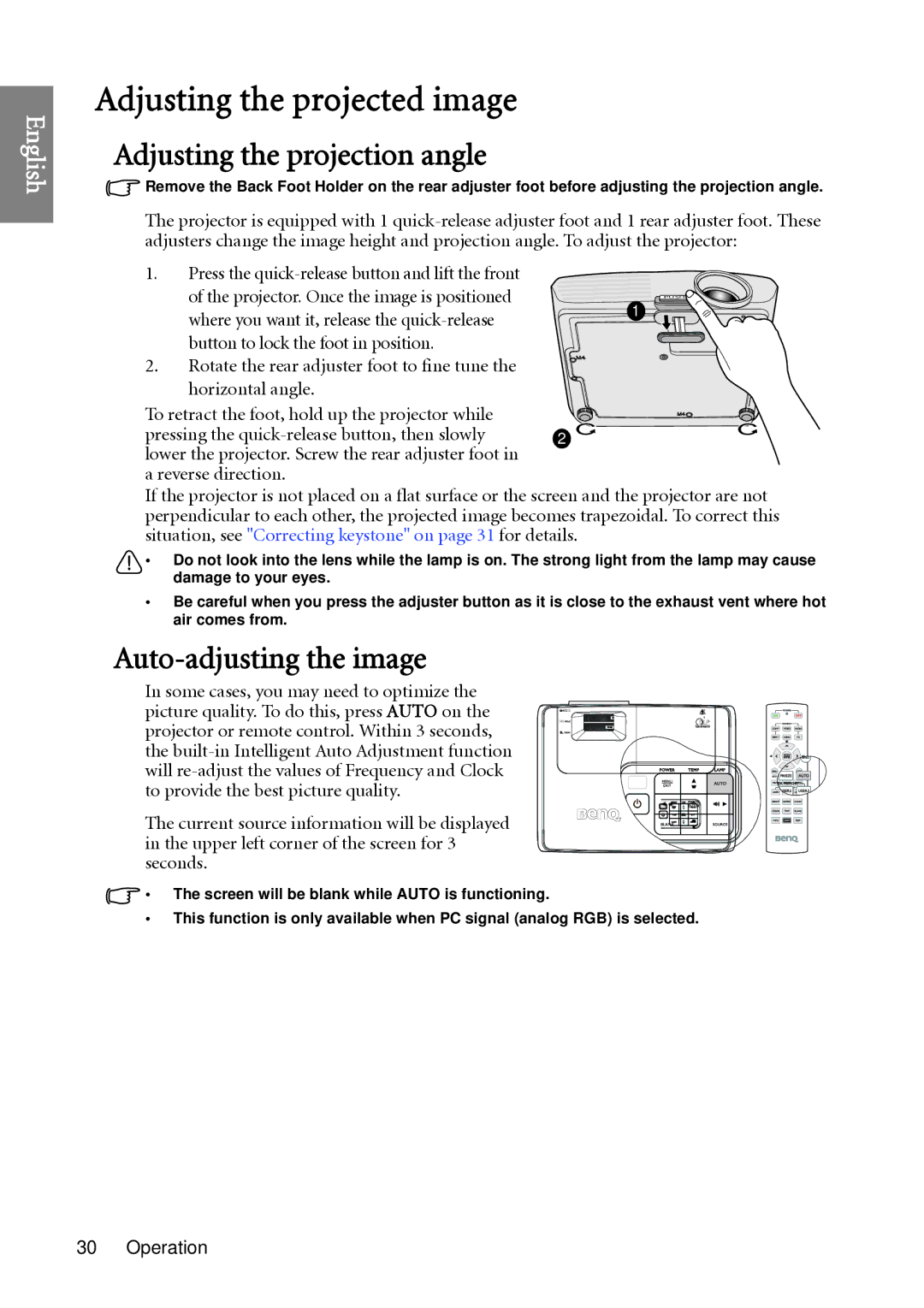 BenQ W1060 user manual Adjusting the projected image, Adjusting the projection angle, Auto-adjusting the image 