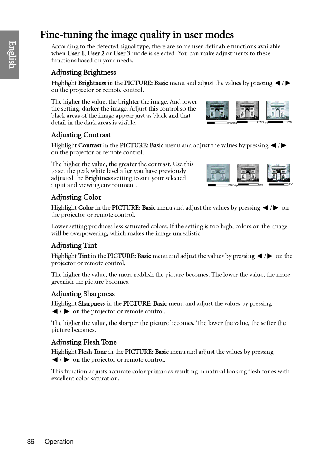 BenQ W1060 user manual Fine-tuning the image quality in user modes 