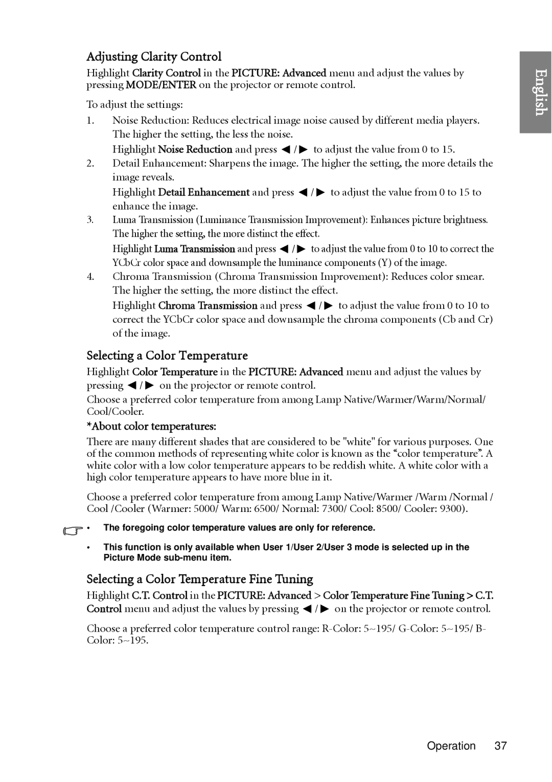 BenQ W1060 user manual Adjusting Clarity Control, Selecting a Color Temperature Fine Tuning, About color temperatures 