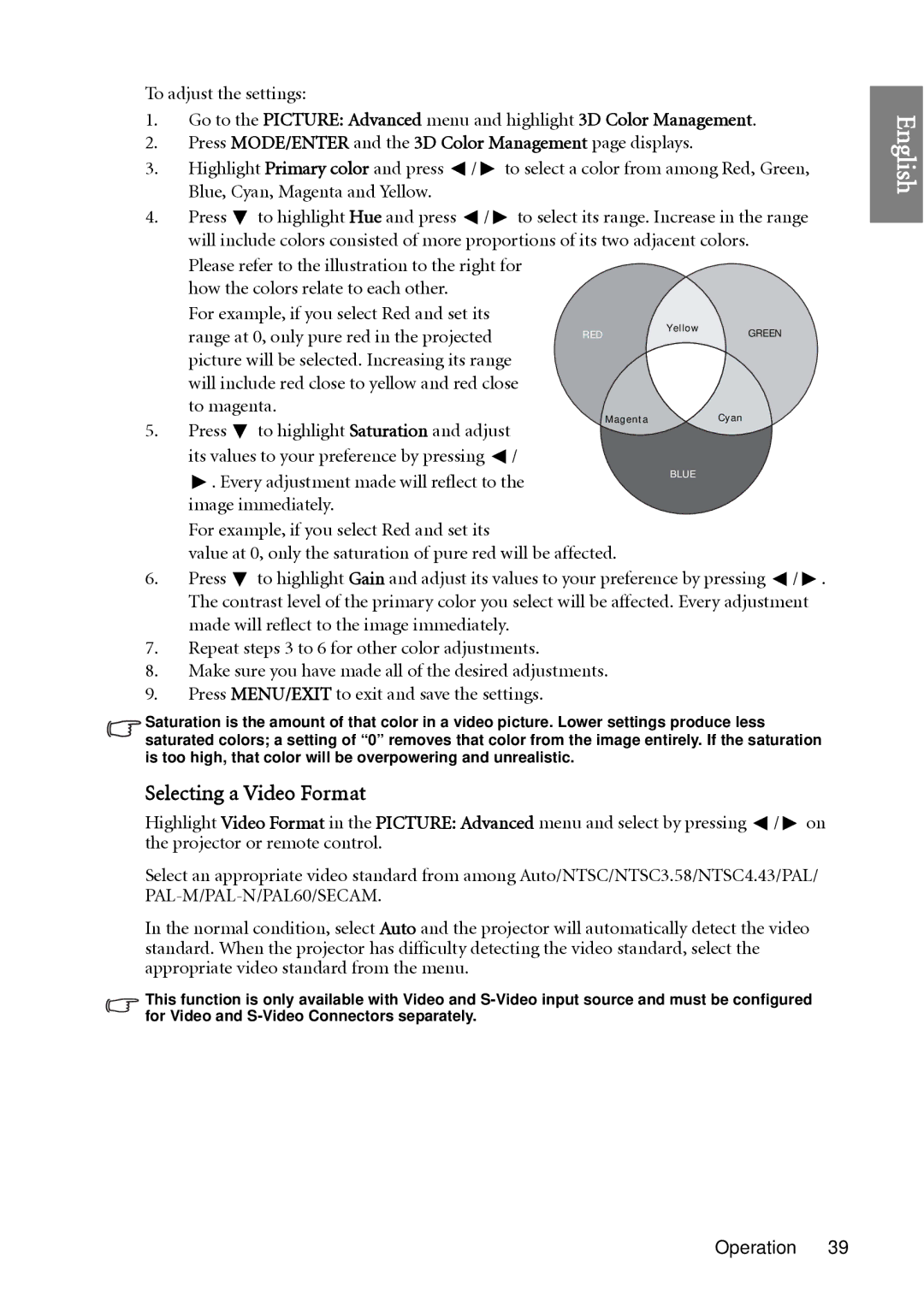 BenQ W1060 user manual Selecting a Video Format 