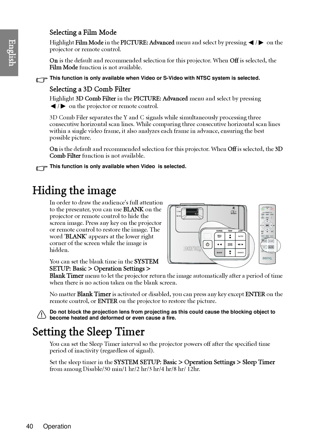 BenQ W1060 user manual Hiding the image, Setting the Sleep Timer, Selecting a Film Mode, Selecting a 3D Comb Filter 