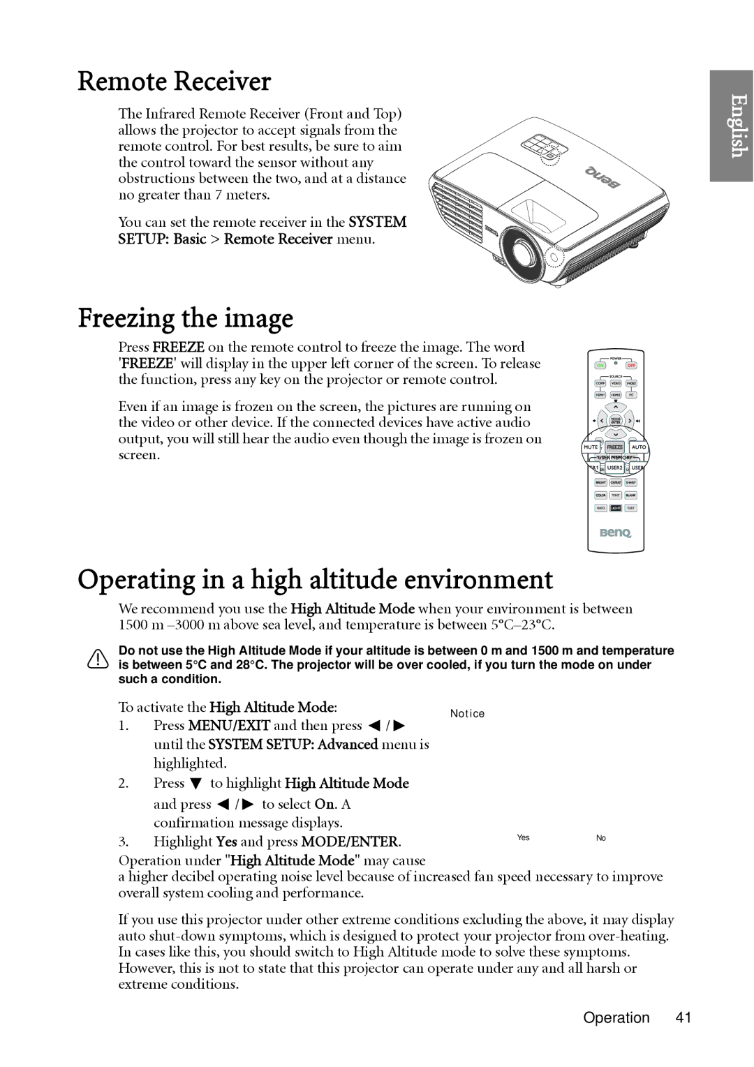 BenQ W1060 user manual Freezing the image, Operating in a high altitude environment, Setup Basic Remote Receiver menu 