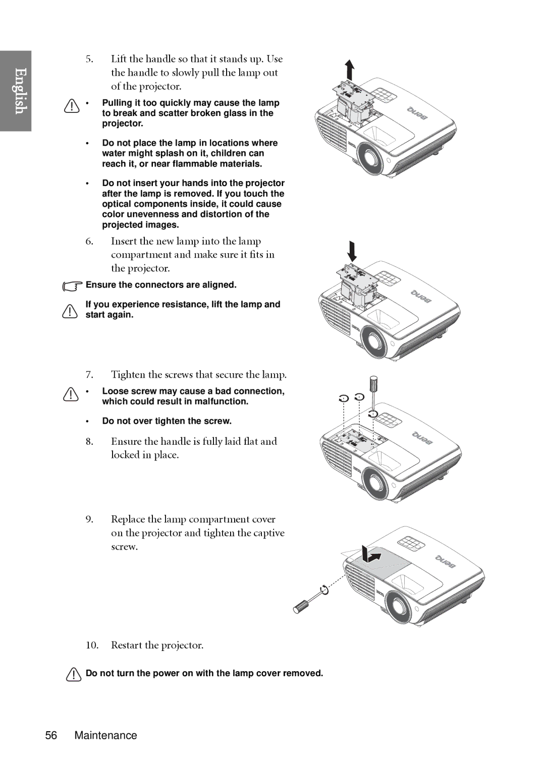 BenQ W1060 user manual Ensure the handle is fully laid flat and locked in place 