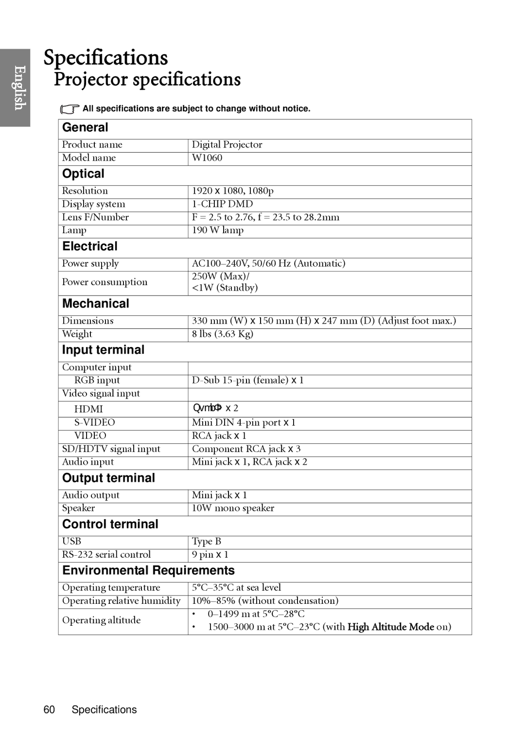 BenQ W1060 user manual Specifications, Projector specifications 