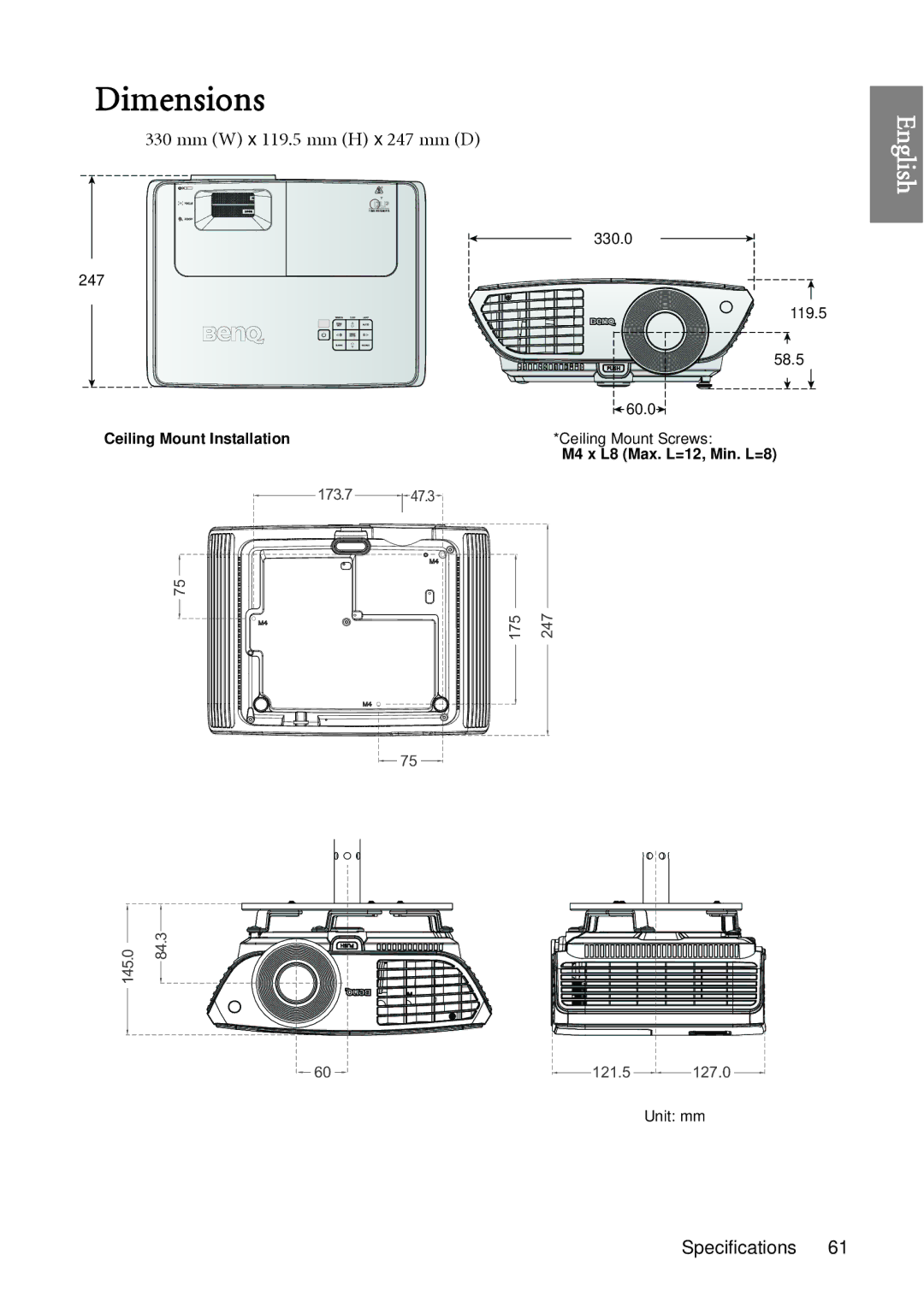 BenQ W1060 user manual Dimensions 