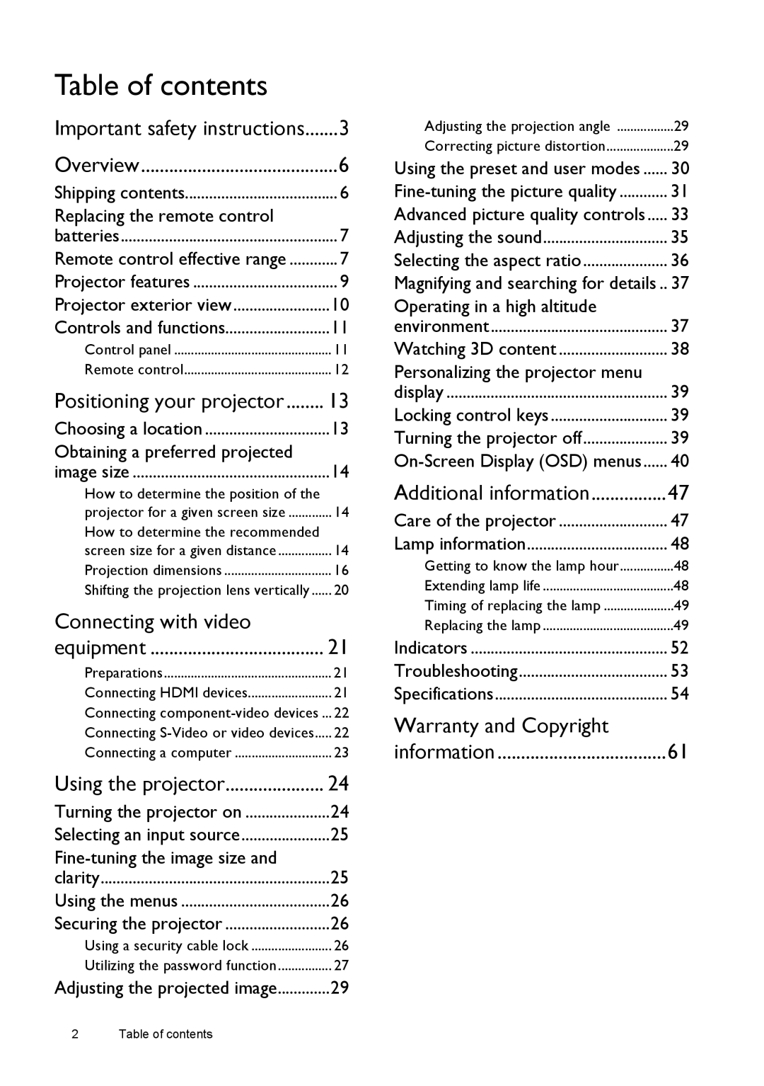 BenQ W1080ST, W1070 user manual Table of contents 