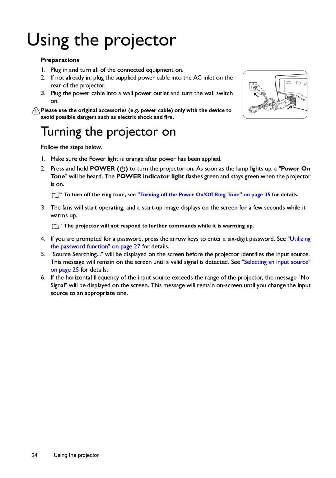 BenQ W1080ST, W1070 user manual Using the projector, Turning the projector on, Preparations 