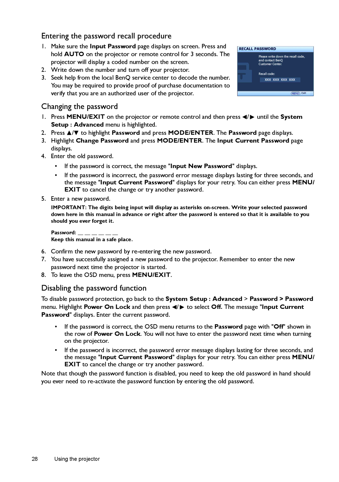 BenQ W1080ST, W1070 Entering the password recall procedure, Changing the password, Disabling the password function 