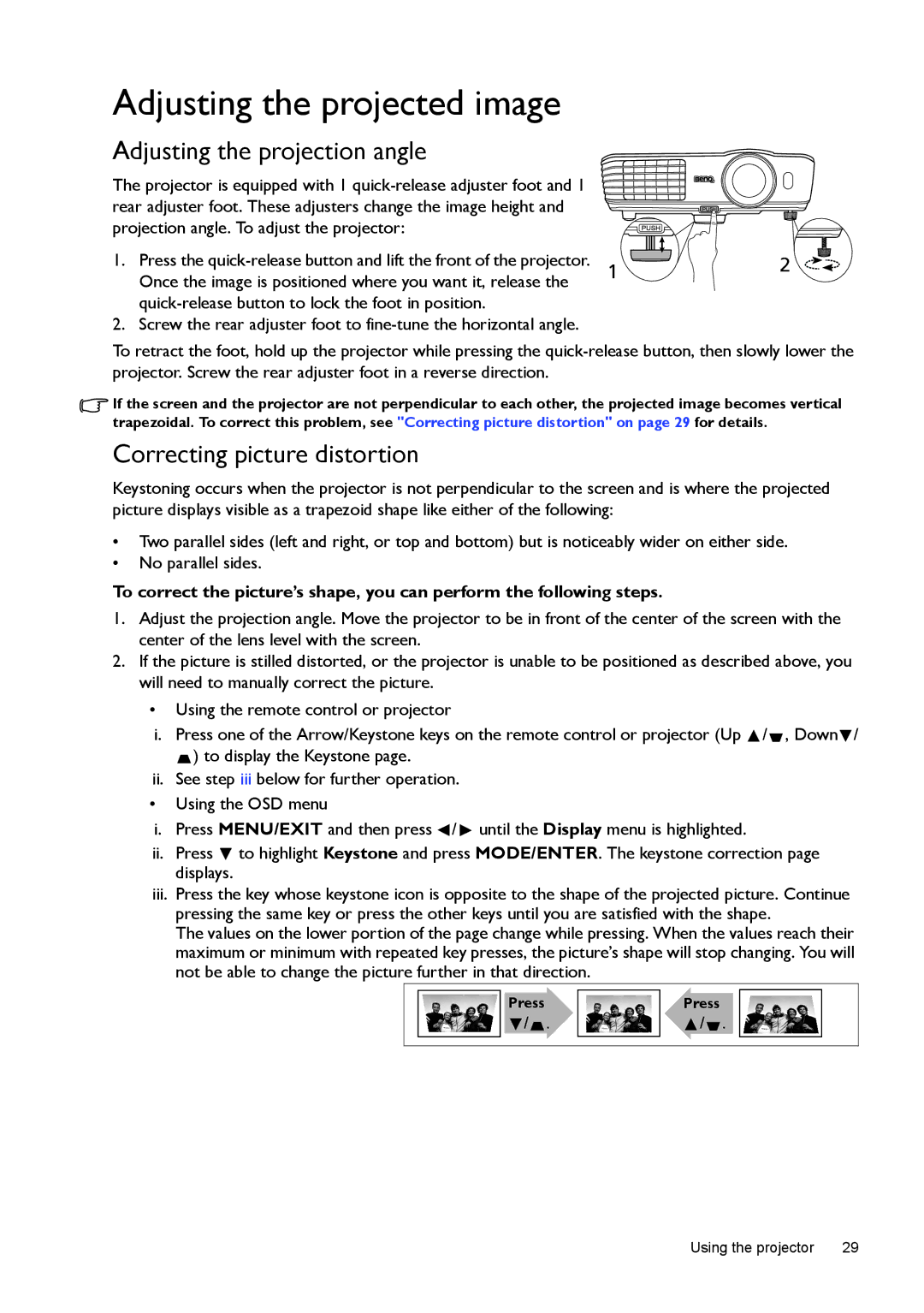 BenQ W1070, W1080ST user manual Adjusting the projected image, Adjusting the projection angle, Correcting picture distortion 